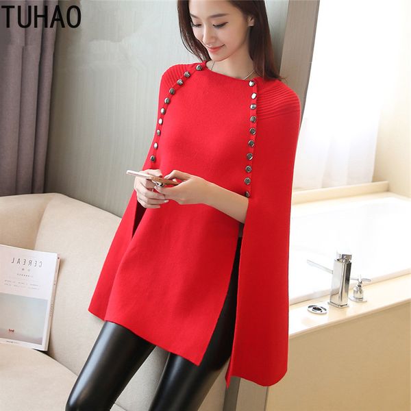 

2019 элегантная вечеринка топ женщин шерстяной плащ пуговица элегантный вязаный свитер мыс пончо свободный пуловер длинный вязаный джемпер, Black