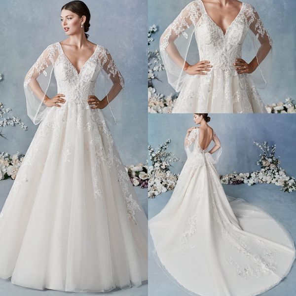 

white a line wedding dresses v neck long sleeve applique tulle lace ruched backless wedding gown sweep train robe de mariÃ©e