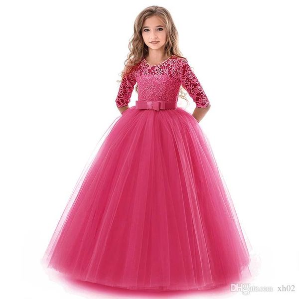 

2019 flower girl dresses for weddings party 1/2 sleeve jewel with applique lace sash bow first communion kids formal gowns, White;blue