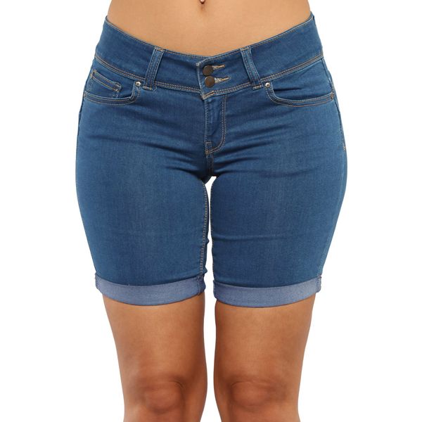 

europe and america medium waist large size blue knee-length denim shorts women's waist slimming straight-cut crimping women's je