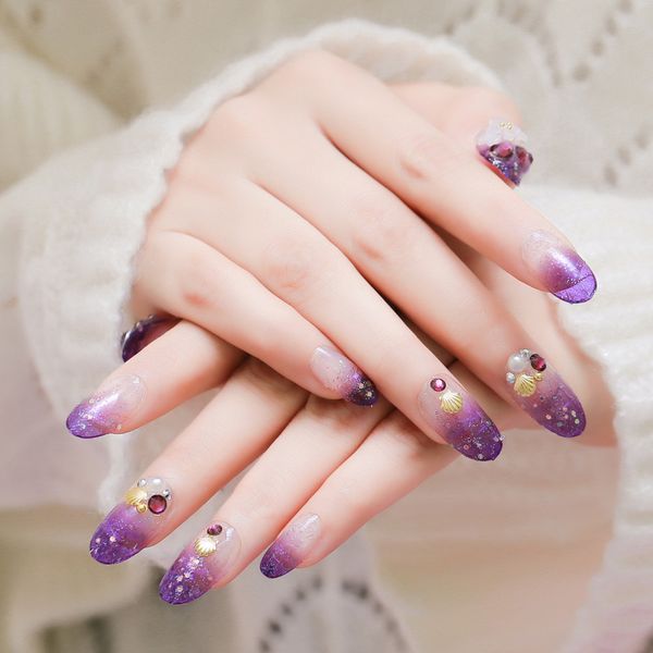 

addfavor 24pcs long full cover fake nails finished design starry purple glitter acrylic false nail tip with glue, Red;gold