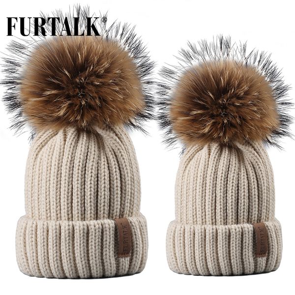 

furtalk зима женщины трикотажного beanie real raccoon fur pompom для девушек детей теплых коренастых толстых stretchy hat y200103, Blue;gray