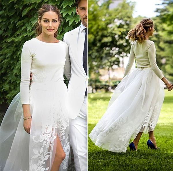 

simple garden wedding dresses hi lo long sleeves lace jewel a-line bridal party dress wedding reception vestidos de novia beach dress, White