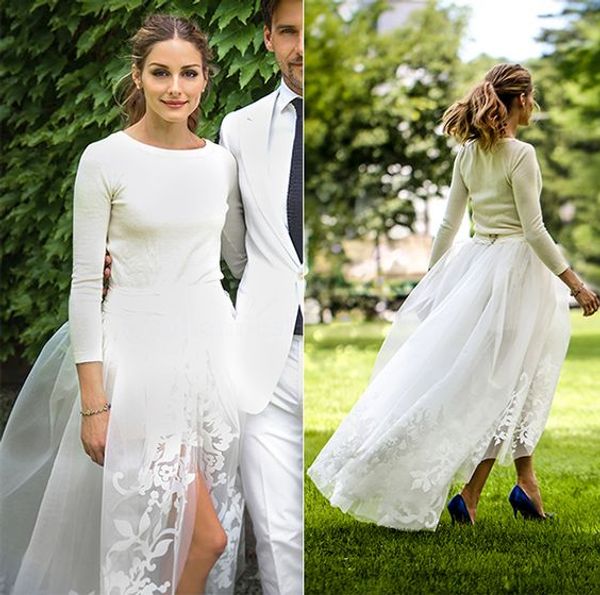 Abiti da sposa semplici da giardino Hi Lo maniche lunghe in pizzo gioiello A-line abito da festa nuziale ricevimento di nozze abiti da sposa abito da spiaggia