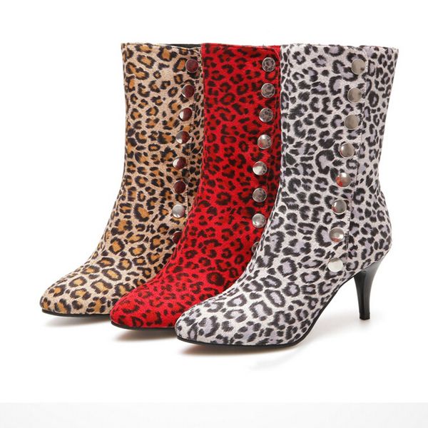 

leopard-printed shoes women's snow boots high-heeled button ankle boots leather high heels lady shoes short plush, Black