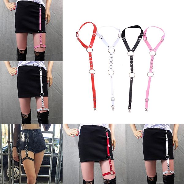

men women fashion harajuku single strap clip leather punk suspender hook adjustable suspenders belts & accessories leg ring handmade sock ga, Black;white