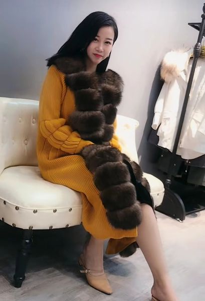 

women cardigans overcoat long paragraph coat long sleeve autumn and winter female real fox fur detachable threshold outerwear y190926, Black;brown