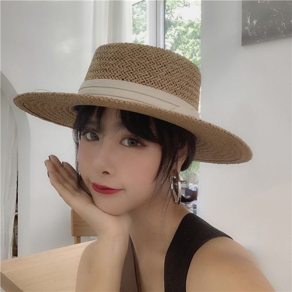 

straw temperament leisure straw hat children's summer seaside big hat brim sunscreen vacation all-match, Blue;gray