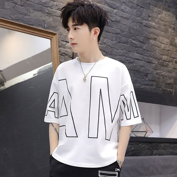 

men capri pants set youth fashion printed short-sleeved casual shorts two-piece set, White;black