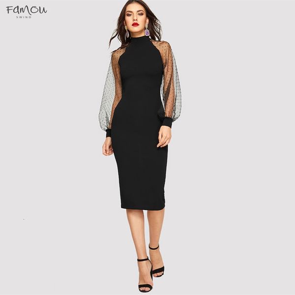 

Party Black Or Blue Pencil Bodycon Dress With Mesh Lantern Sleeve Spring Women Long Sleeve Contrast Solid Dresses