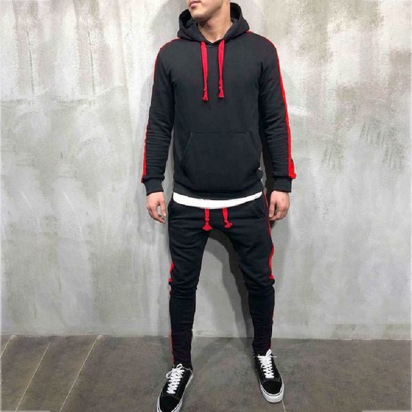 

2 pieces/set of men's long-sleeved hooded cardigan casual outdoor sports suit sweatshirt pants autumn winter patchwork hoodie, Black;blue