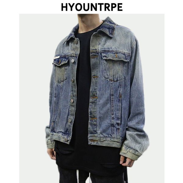 

fashion retro wash jean jackets coat men casual single breasted turn down collar denim streetwear hip hop loose outerwear jacket, Black;brown