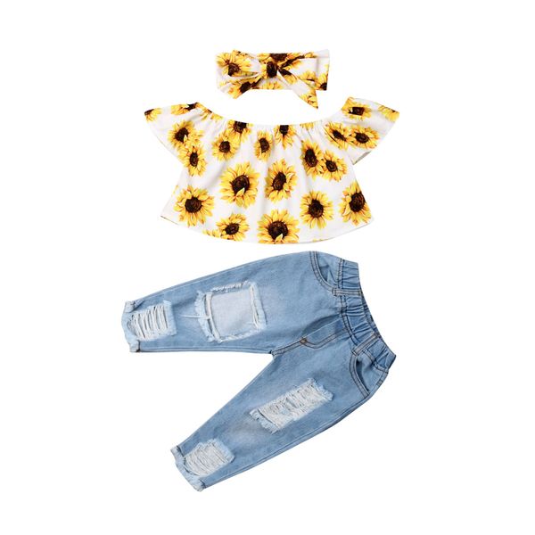 

2019 New Fashion Kids Baby Girl Off shoulder Sunflower T-shirt Tops Hole Denim Pant Jeans Headband 3PCS Girls Clothing Set