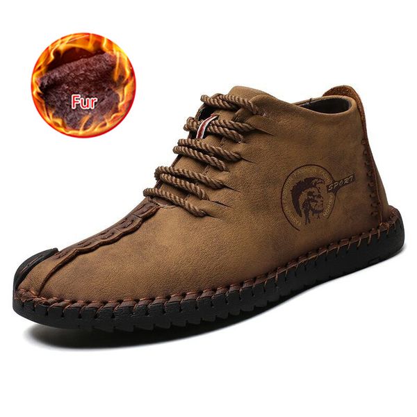 

winter ankle boots men fur warm plush mens boots leather casual lace-up men shoes waterproof flat footwear big size 48, Black