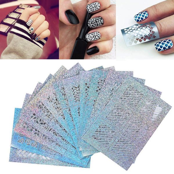 

1set /24 sheets new nail hollow irregular grid stencil reusable manicure stickers personality decoration nail art x#3, Black