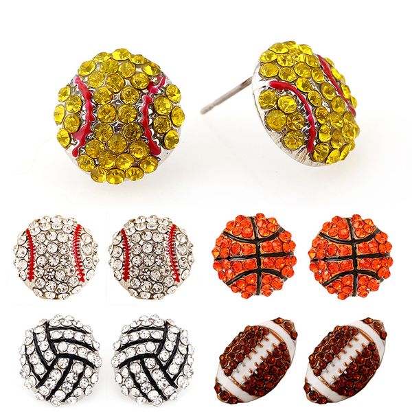 

sale 1 pair pave crystal baseball softball team sports stud earrings football studs ear jewelry, Golden;silver