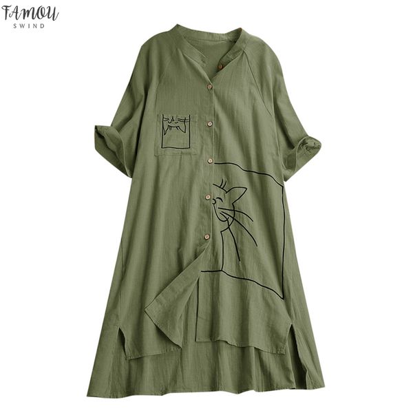 

plus size clothing linen blouse vintage pocket cat print tunic shirt v neck short sleeve solid blouse summer blusas moda 2020 mujer, White