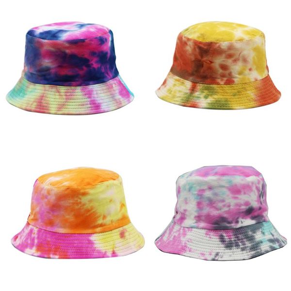 

women men summer tie-dye cotton bucket cap gradient colored reversible hip hop wide brim sun protection harajuku fisherman hat