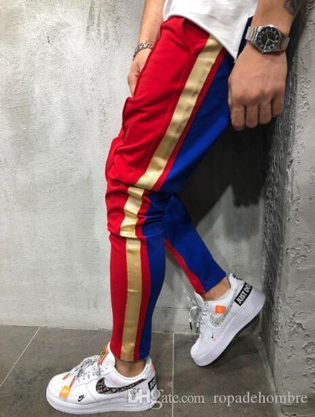 

men s designer pants muscle brothers color matching hip hop small feet men's tether casual sweatpants, Black