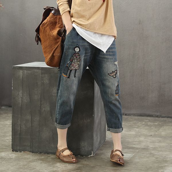 

autumn jeans retro women slim-type denim pants elastic waist pocket embroidery character hole casual ladies denim trousers 2019, Blue