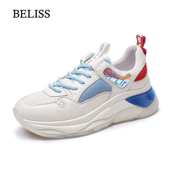 

beliss 2019 flat shoes women genuine leather sneakers women platform breathable mesh casual female fashion sneaker lace up p44, Black