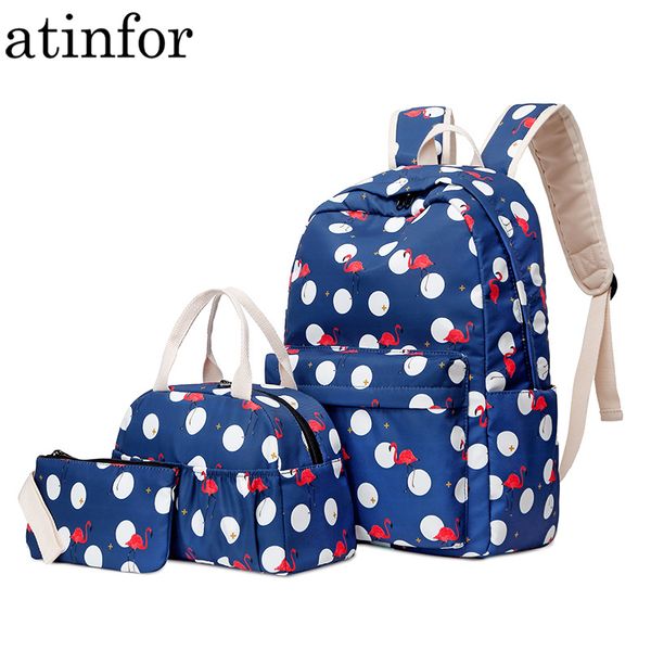 

atinfor 3pcs/set waterproof flamingo printing women backpack schoolbag for teenagers girls lunch box student dot casual bookbag