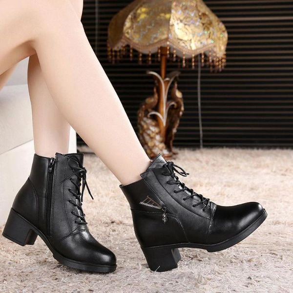 

med heel boots brand women's shoes leather booties winter footwear zipper fashion mid calf genuine ladies pointy rubber 2020 pu, Black
