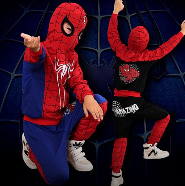 

boys marvel spider-man 2pcs set 2019 new children avenger cosplay cartoon spiderman hoodies + trousers sets clothing b, White