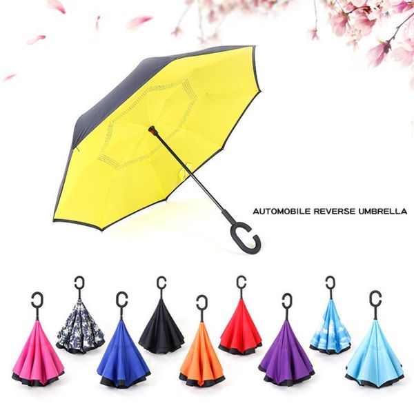 

25 colors reverse folding umbrella double layer inverted umbrellas c hook self stand inside out rain protection hands for car 2019 a2206, Red;brown