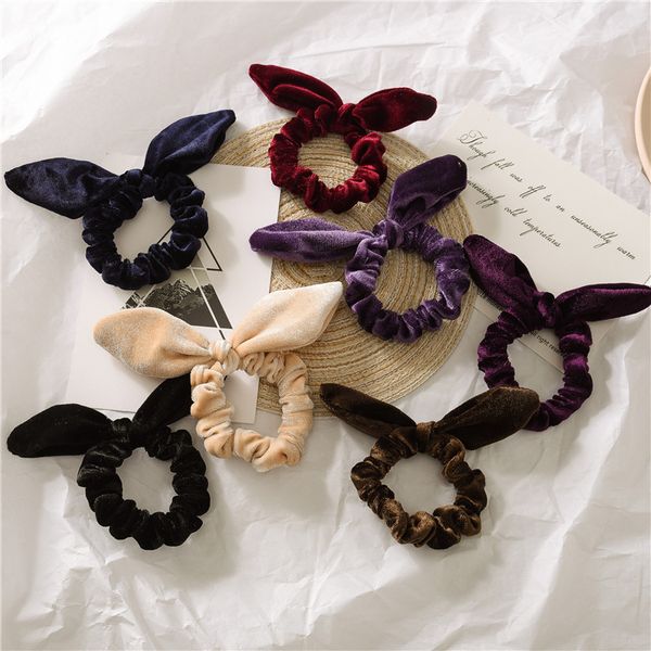 Fasce per capelli Bunny Hairbow in tessuto di velluto satinato per ragazze moda Hair Scrunchie Coda di cavallo Fasce per capelli con orecchie di coniglio