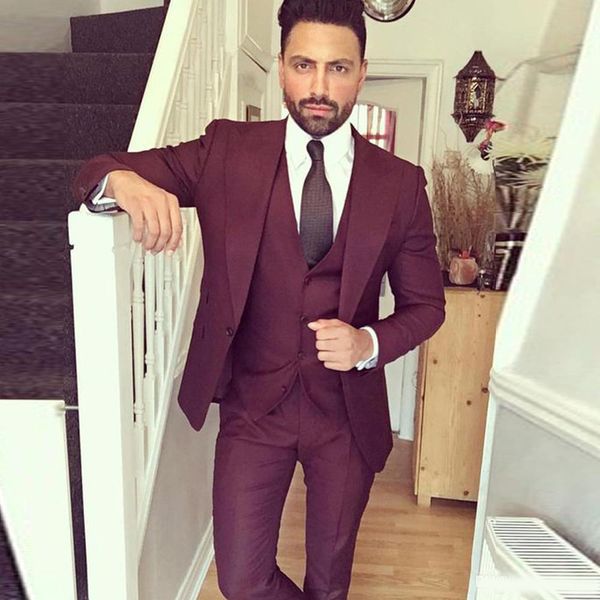 

modern burgundy three pieces wedding tuxedos one button peaked lapel groom wear custom made men's jacket+vest+pants, Black;gray