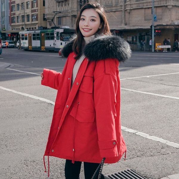 

2019 korean new plus size big hair collar middle long work clothes winter jacket women thicker pocket vintage cotton coat b544, Black