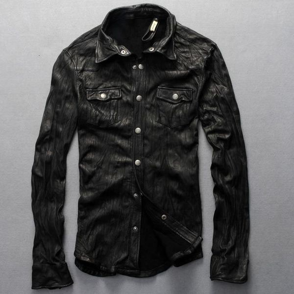 

2020 fashion new brand men's leather jacket men slim fit genuine leather shirt fold sheepskin clothing mens thin leather coat, Black