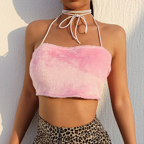 

fashion women solid cross lace-up collar ribbons halter strapless camis summer women slim cropped tank femme 2019, White
