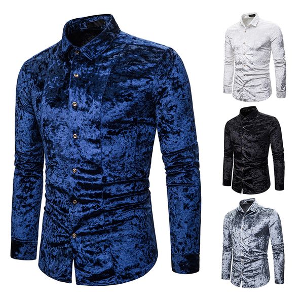

2019 shirt men henry collar diamond velvet shirts lapel long-sleeved camisa business autumn casual slim shirt chemise homme, White;black