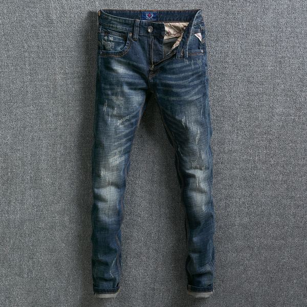 

vintage designer men jeans dark blue slim fit ripped jeans men retro wash streeetwear distressed pants fashion classical