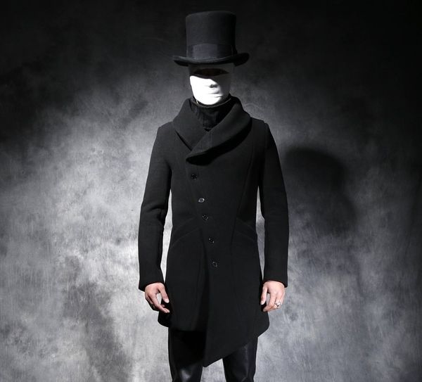 

s-xxl 2017 new men's clothing hair stylist gd fashion personality slim asymmetric long cashmere trench coat singer costumes, Black