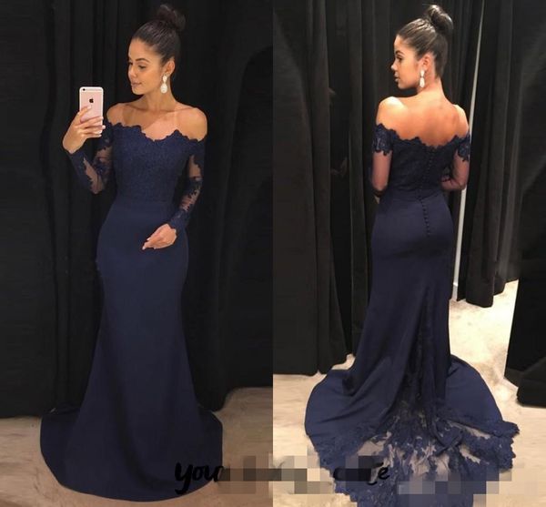 

navy blue off the shoulder prom dresses lace appliqued sweep train mermaid covered buttons back long sleeves formal evening party gown, Black