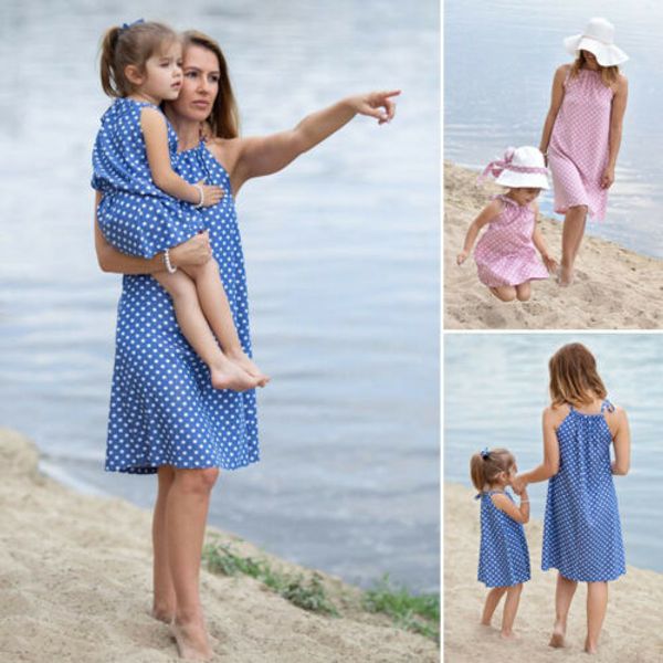 

2019 Fashion Women Mom and daughter dress Mommy and me clothes Summer Girl tie Striped vest blue pink Dress