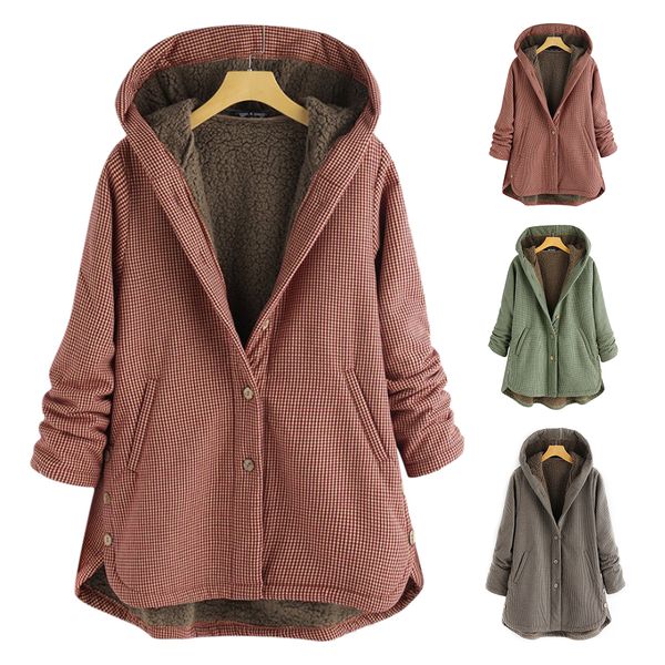 

fall 2019 hooded jacket parka women casual boho coat lattice vintage flannel lining winter outwear coat plus size 5xl, Black