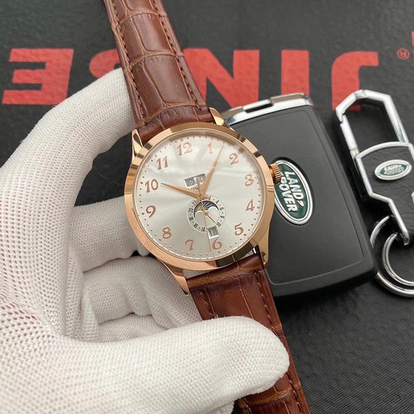 

automatic movement complex fuction glass back men watch white dial leather band watch, Slivery;brown