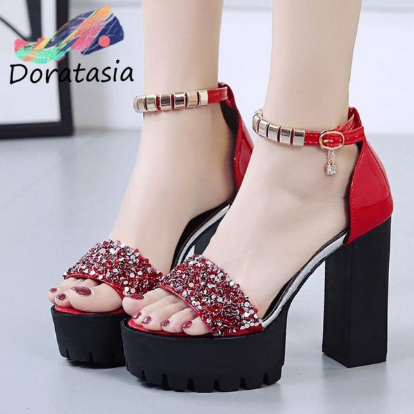 

doratasia women open toe bling crystal block heel metal shoes party club sandals women summer sandals, Black