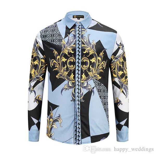 

new arrival men shirts fashion 3d gold floral print long sleeve covered button mans clothing chemise homme casual shirt, White;black