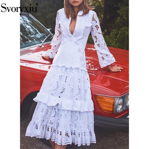 

svoryxiu designer summer party elegant hollow out embroidery white long dresses women's lantern sleeve ruffles fashion dress, Black;gray