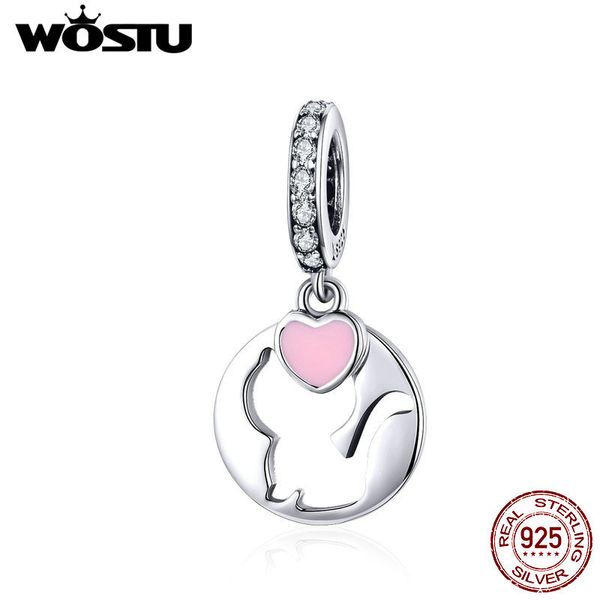 

wostu 925 sterling silver cat мотаться подвески розовое сердце cz шарика подходящие женщины оригинальный браслет животных подвески ювелирные, Bronze;silver