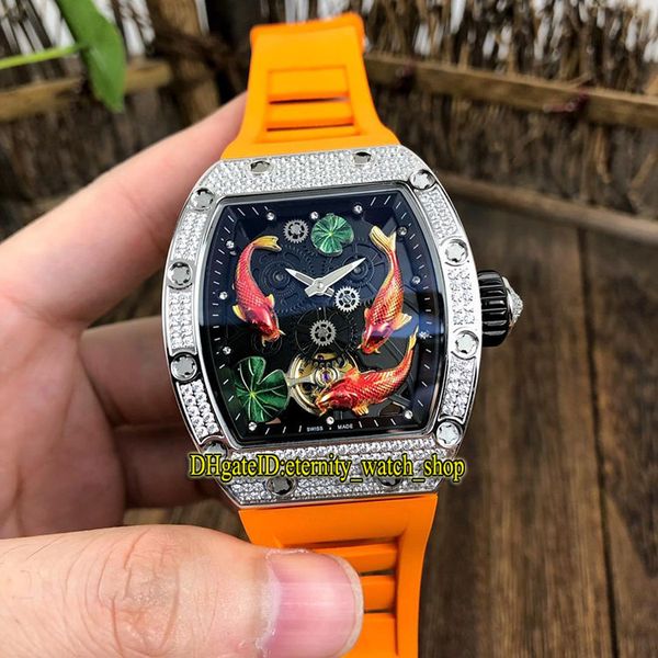 

r limit version sport luxury designer watches rm 57-01 tourbillon diamond case 3d koi totem dial miyota automatic rm57-01 mens watch rubber, Slivery;brown