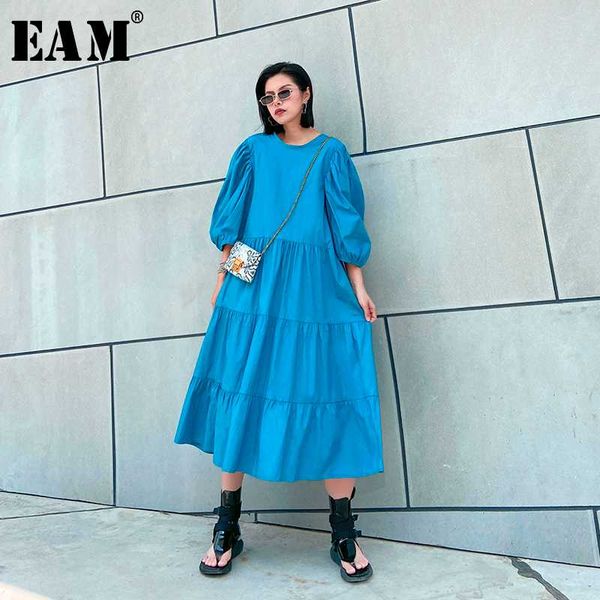 

eam] women blue pleated split big size long dress new round neck puff sleeve loose fit fashion tide spring summer 2020 1u201, Black;gray