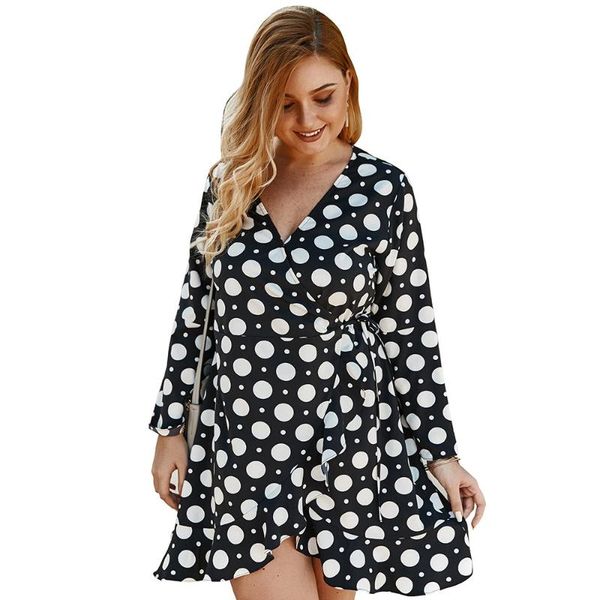 

plus size 3xl 4xl dress sashes yellow boho style beach dress full sleeve v-neck polka dot a-line party beach sundress, Black;gray