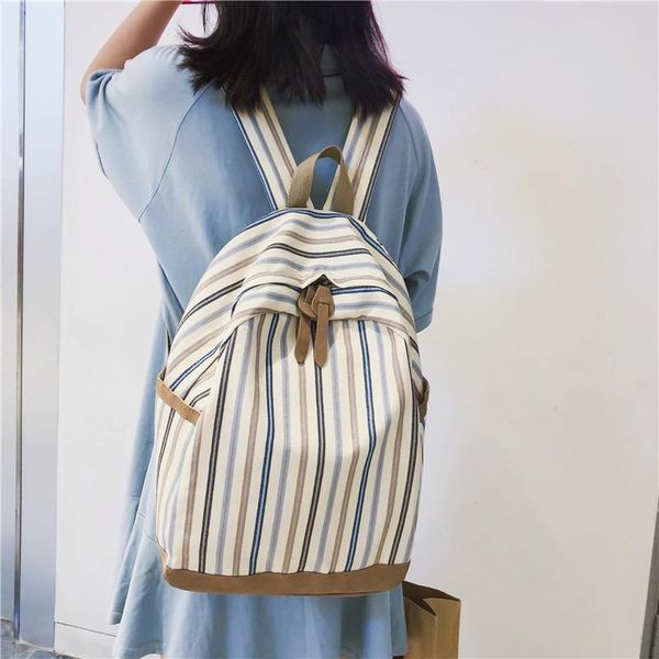 

new canvas vertical stripe backpack student school bag casual simple cloth bag outdoor travel backpack women softback