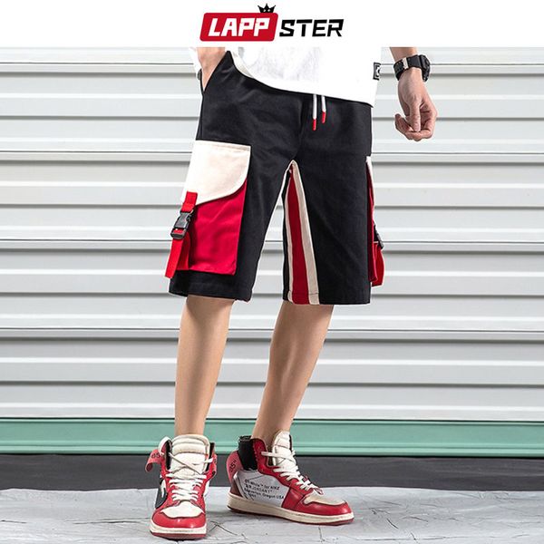 

lappster men streetwear hip hop cargo shorts summer 2019 mens color block cotton pocket shorts male punk korean fashion trousers, White;black